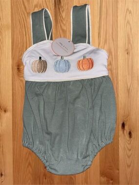 Boys Pumpkin Embroidered Romper - Sage Green & White